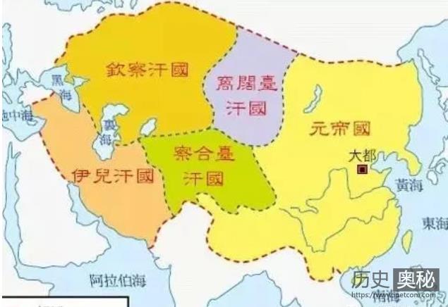 蒙古四大汗国： 钦察汗国、察合台汗国、窝阔台汗国、伊儿汗国